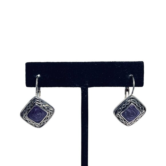 Kenneth Cole Silver Tone & Purple Enamel Geometric Dangle Earrings (5836) - Picture 1 of 7